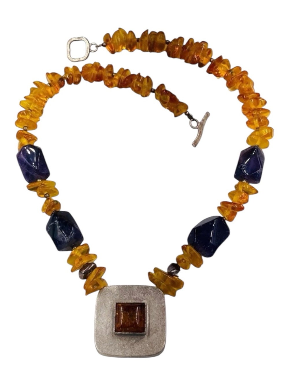 Designer Avi Soffer Sterling Amber Amethyst Modernist Necklace